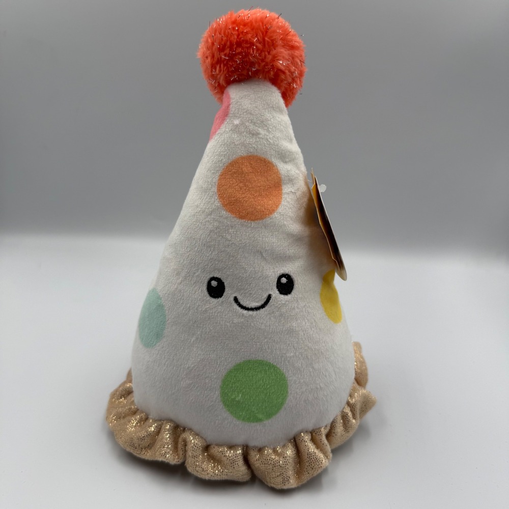 Giggle Scape Plush Party Hat White Polka Dot Smiley Face Gold Ruffle 086-13-2368